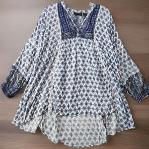 LOLA P. Anthropologie Brand Hi-Lo Boho Floral Blouse Gypsy Flowy Festival Sz XL